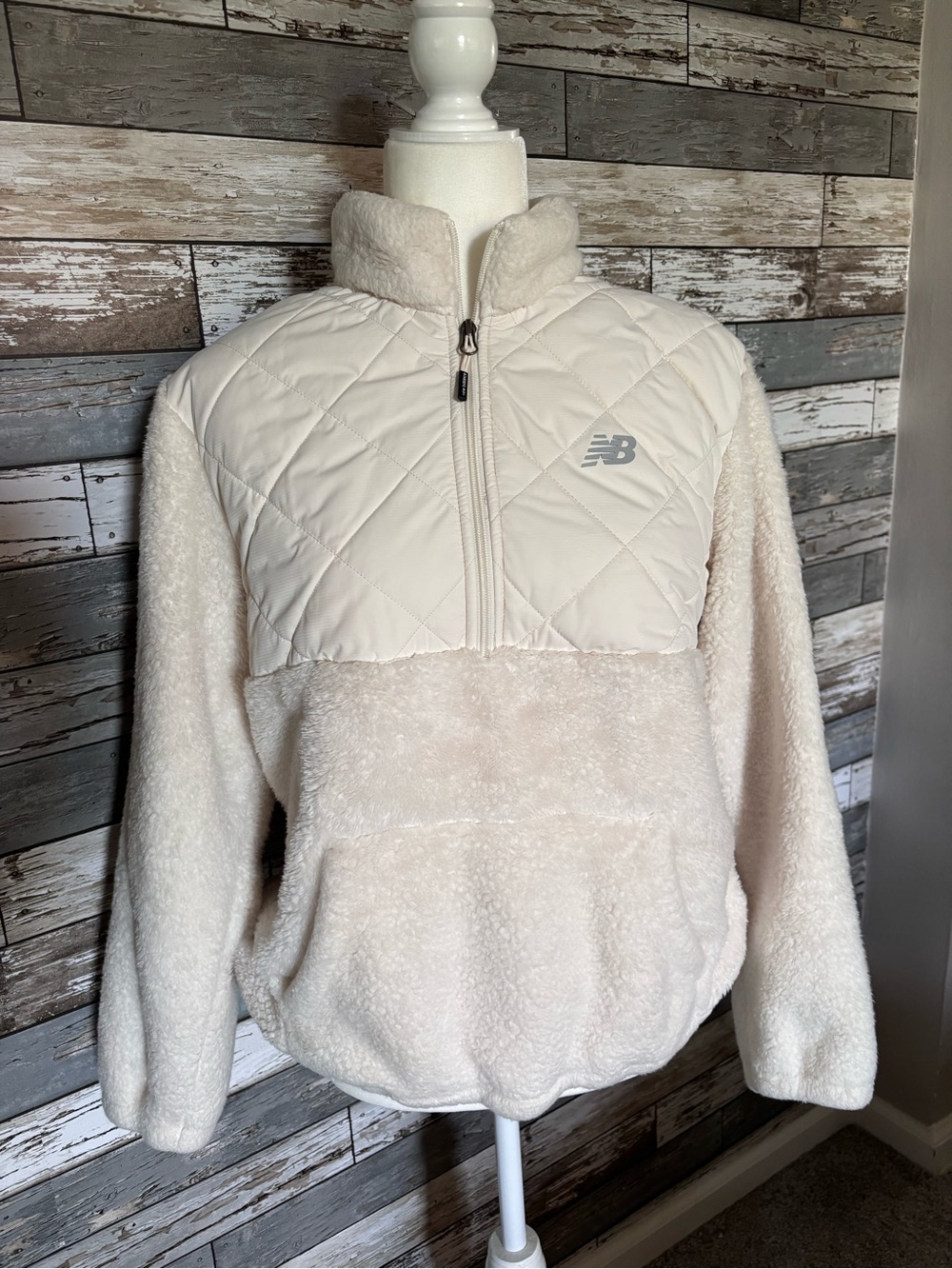 New Balance Cream Quilted Sherpa Half-Zip Pullover Sweater Womens Size Large